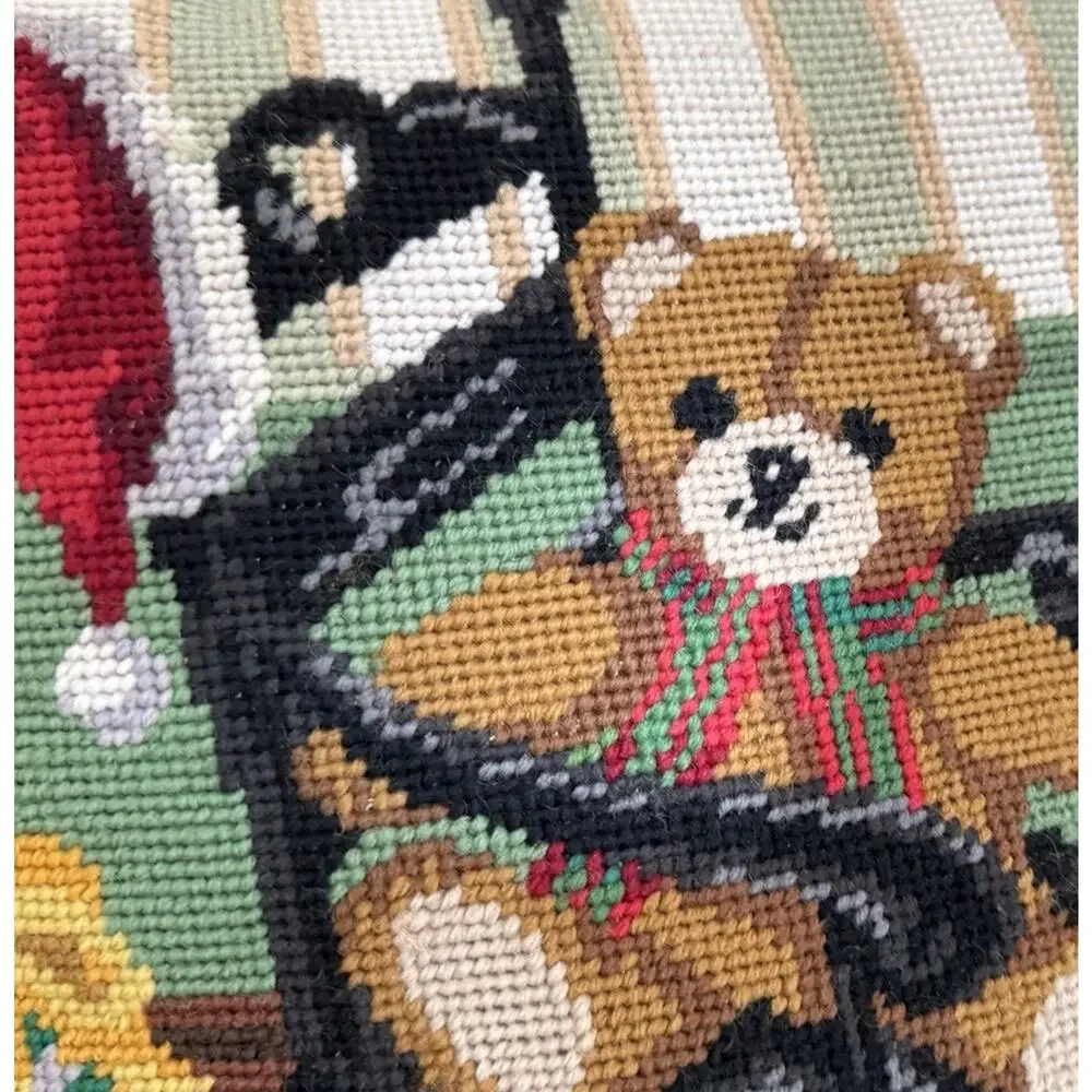 Vintage Wool Needlepoint Red Velvet Pillow Christmas Teddy Bear 13